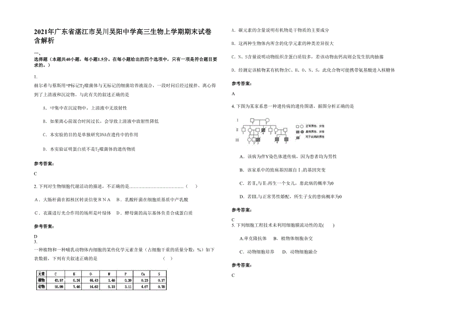 2021年广东省湛江市吴川吴阳中学高三生物上学期期末试卷含解析_第1页