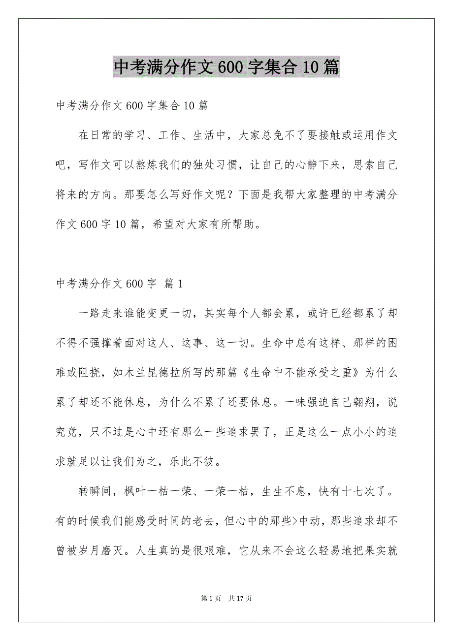 中考满分作文600字集合10篇_第1页