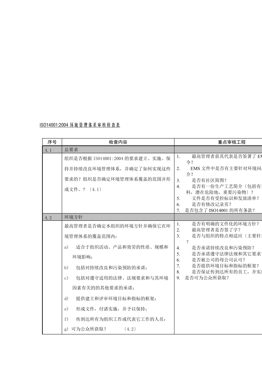 iso14001：环境管理体系审核检查表（表格模板、格式）_第1页