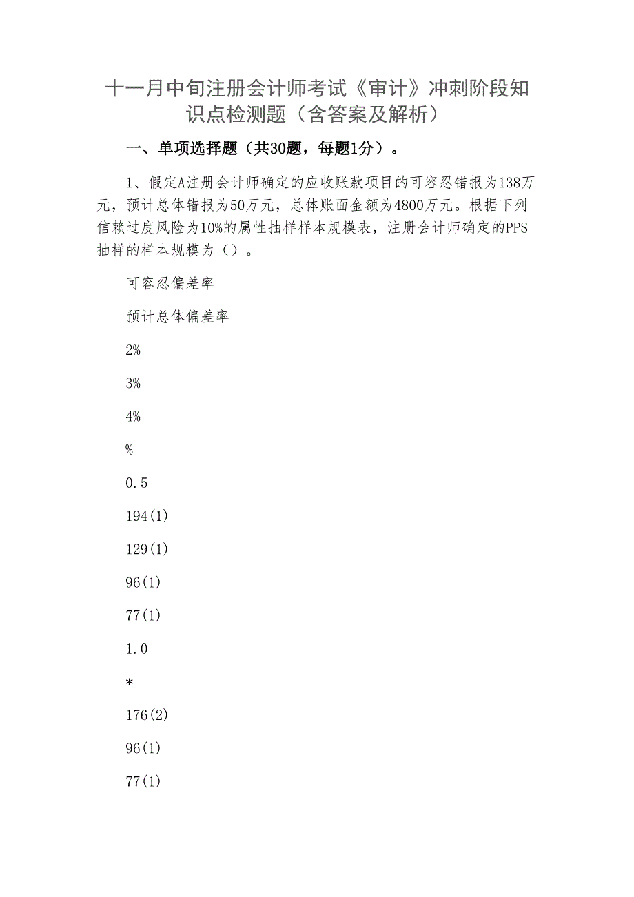 十一月中旬注册会计师考试《审计》冲刺阶段知识点检测题（含答案及解析）_第1页