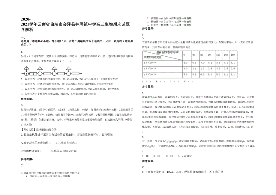 2020-2021学年云南省曲靖市会泽县钟屏镇中学高三生物期末试题含解析_第1页