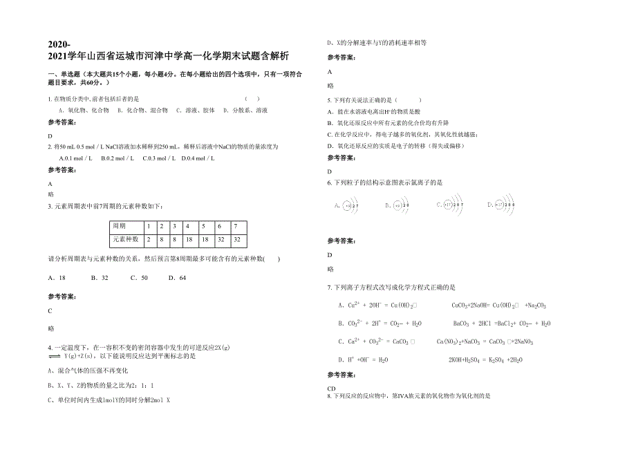 2020-2021学年山西省运城市河津中学高一化学期末试题含解析_第1页