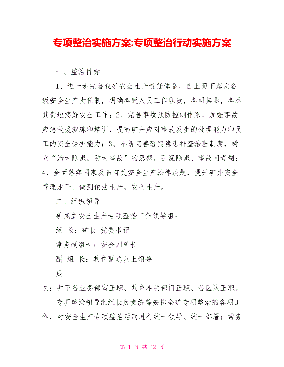 专项整治实施方案专项整治行动实施方案_第1页