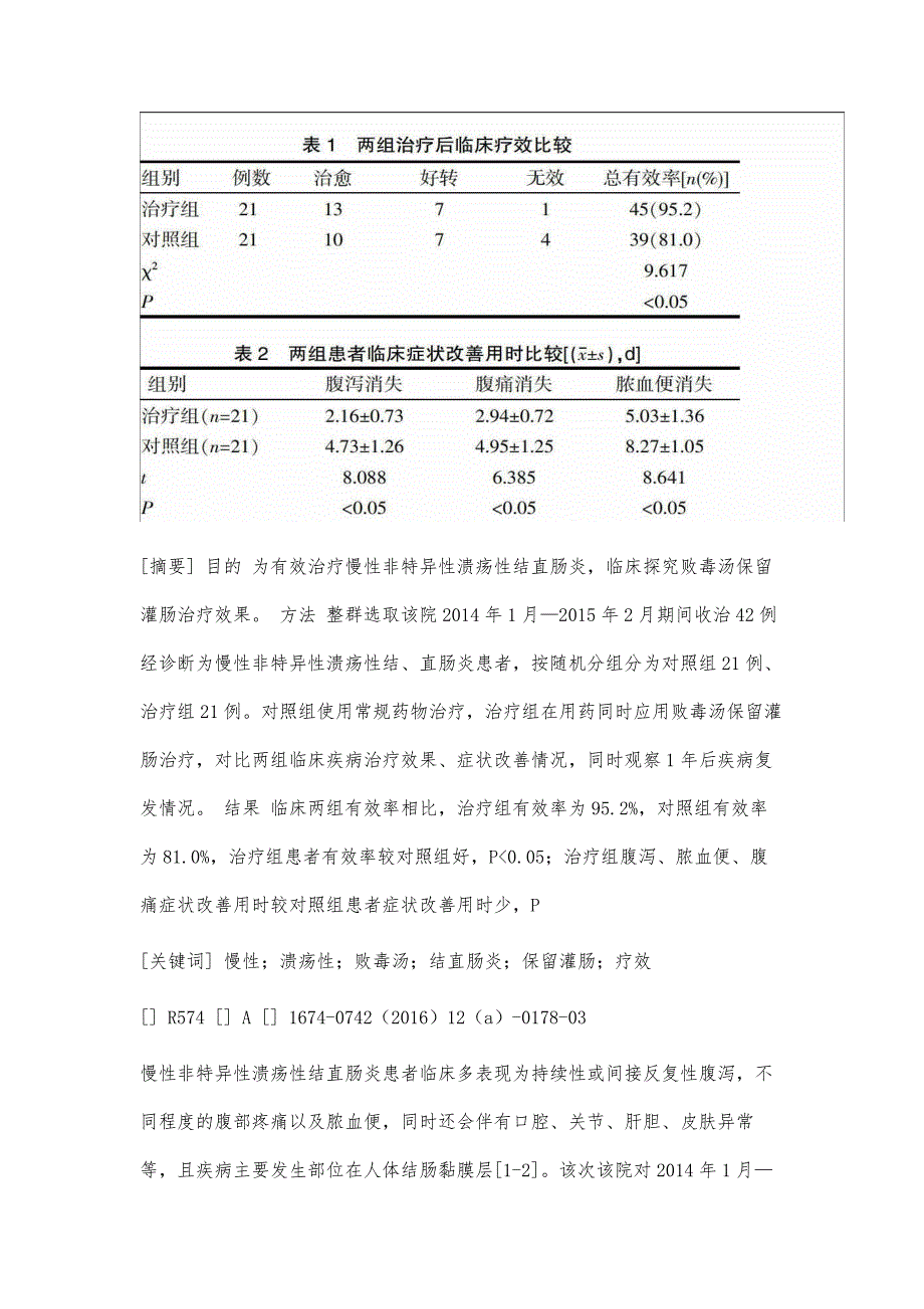 自拟败毒汤保留灌肠治疗慢性非特异性溃疡性结直肠炎42例临床分析_第2页