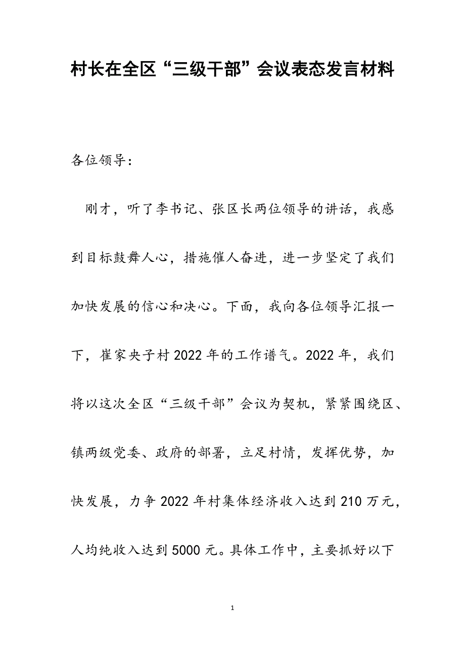 2022年村长在全区“三级干部”会议表态发言范文_第1页