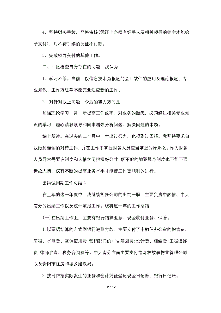 出纳试用期工作总结通用范文1500字五篇_第2页