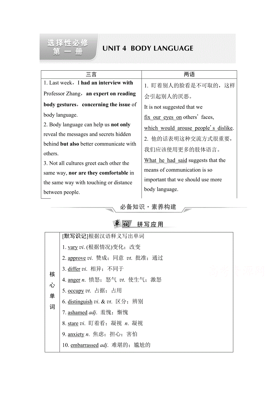 2022版新高考英语人教版总复习学案-选择性必修第1册-UNIT-4-BODY-LANGUAGE-含答案_第1页