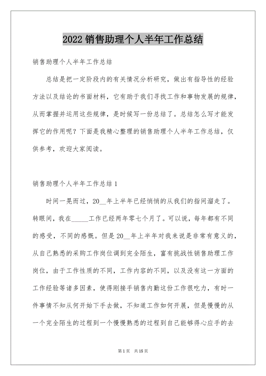 2022销售助理个人半年工作总结_第1页