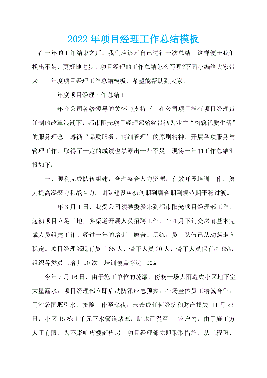 2022年项目经理工作总结模板_第1页