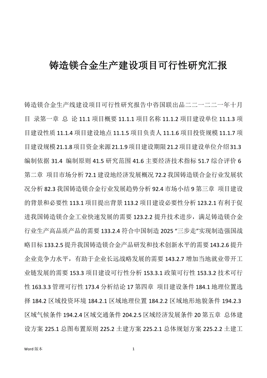 铸造镁合金生产建设项目可行性研究汇报_第1页