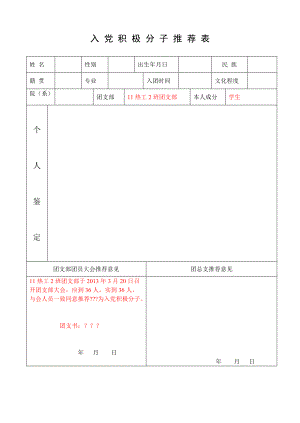 入党积极分推荐表（模板）