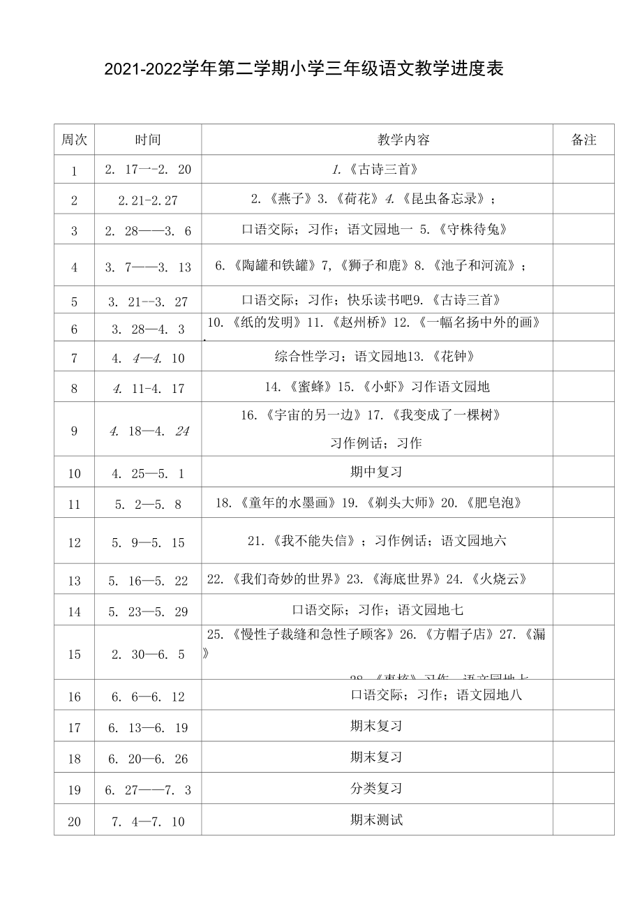 2021-2022学年第二学期小学三年级语文教学进度表_第1页