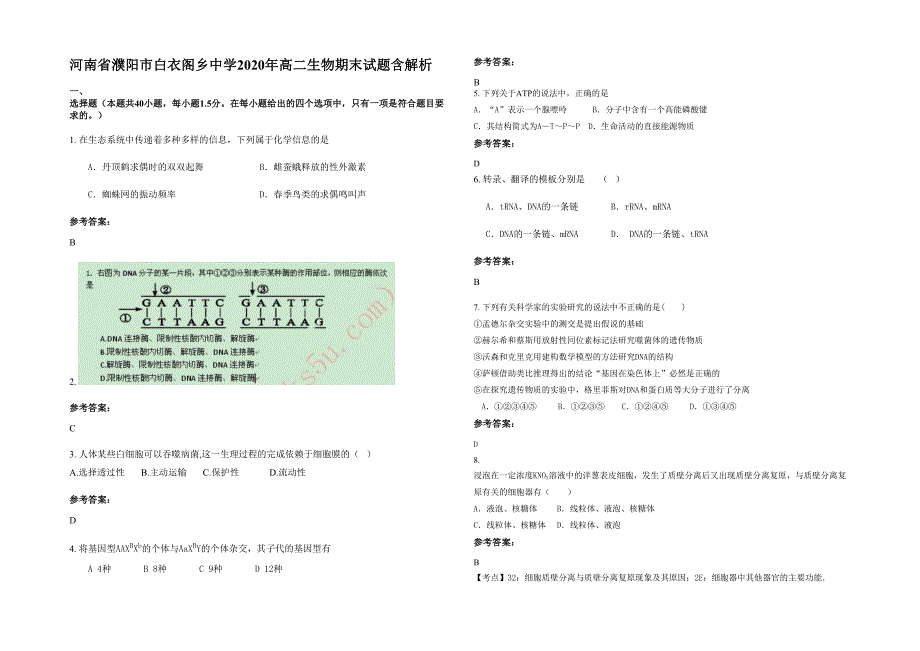 河南省濮阳市白衣阁乡中学2020年高二生物期末试题含解析_第1页