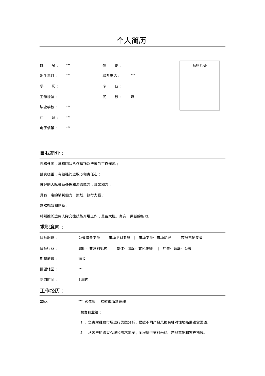 市场营销个人表格格式简历_第1页