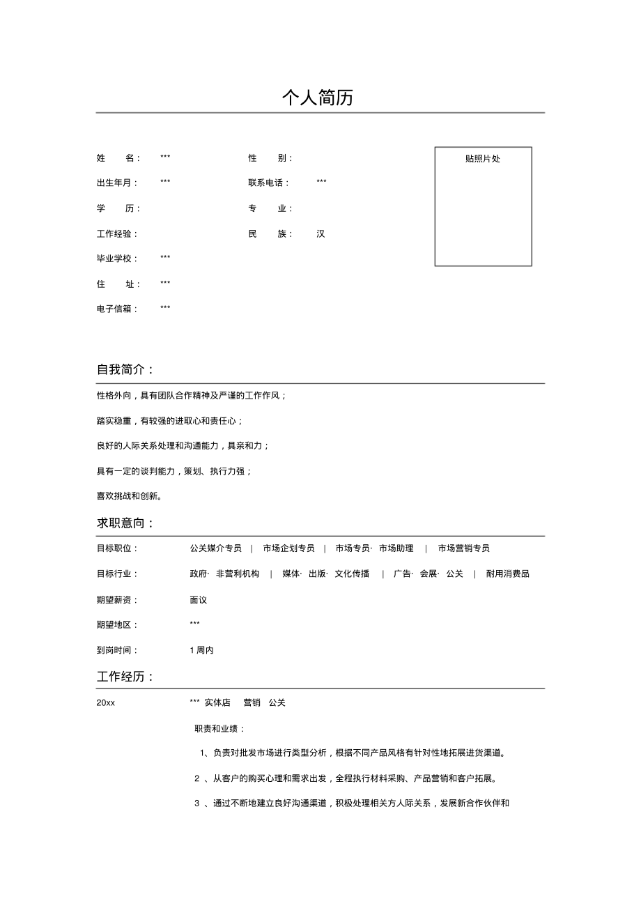 市场营销公关求职简历表格_第1页