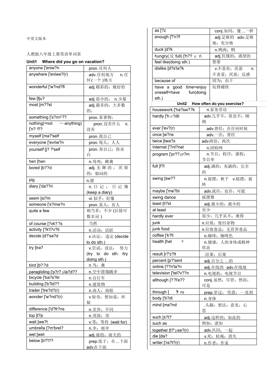人教版八级上册英语单词表中英文和中文版_第1页