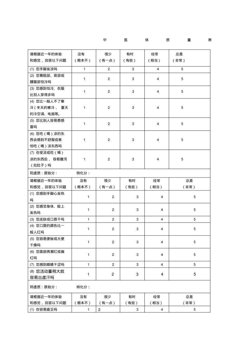 中医体质量表方便版_第1页