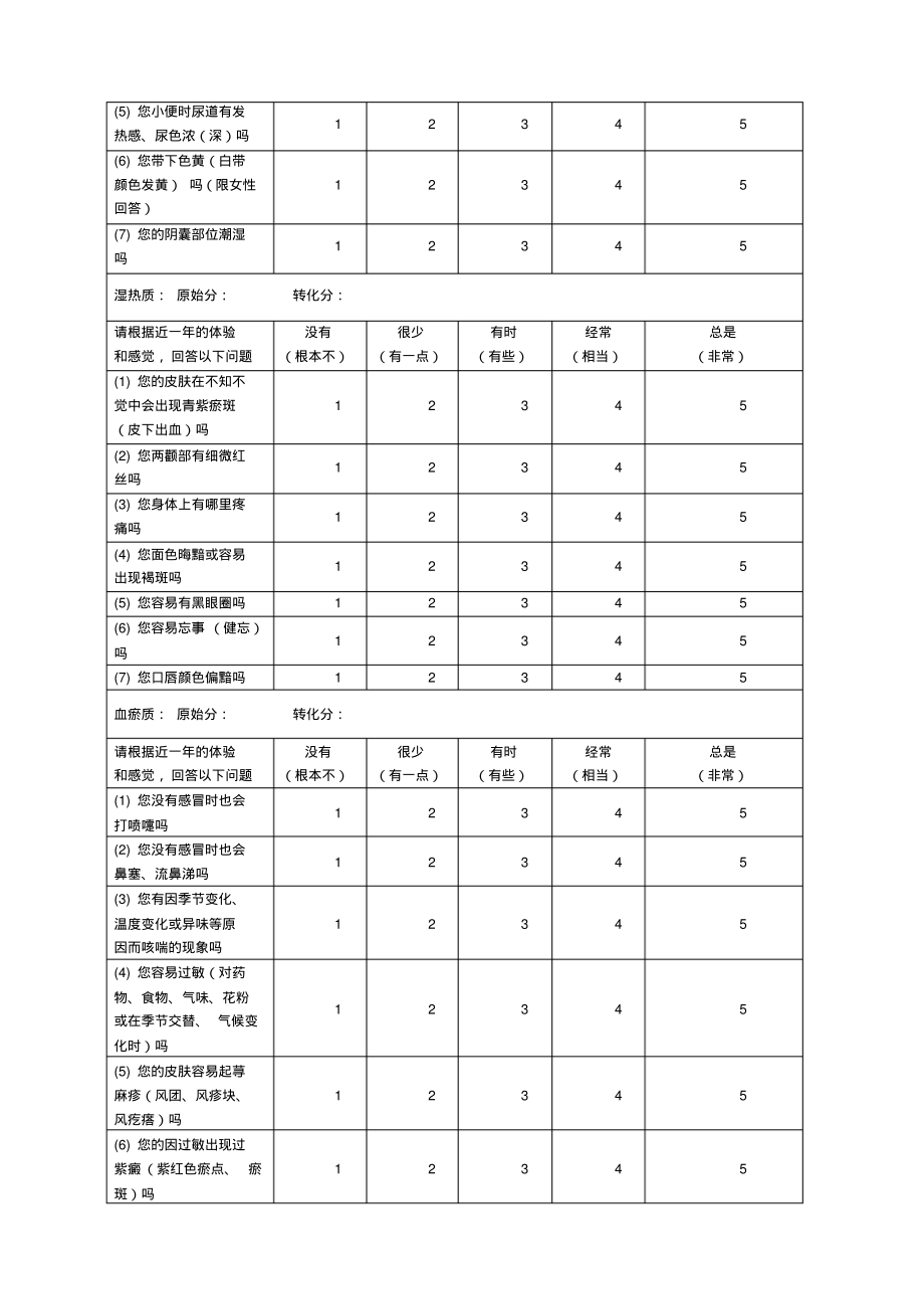 中医体质量表方便版_第3页