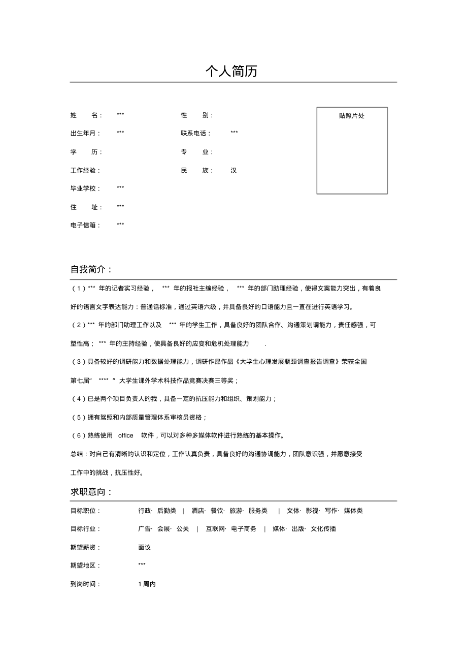 市场助理个人简历表格示例_第1页