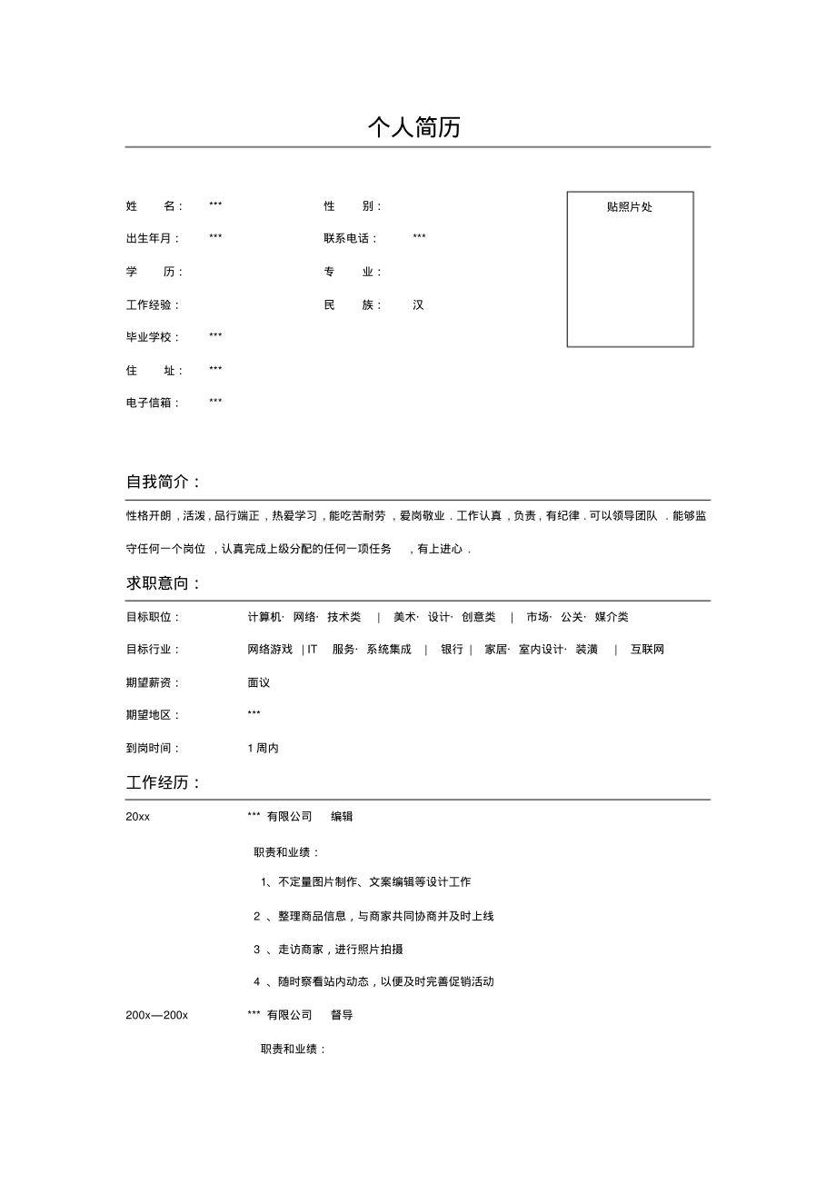 市场督导个人求职简历表格_第1页