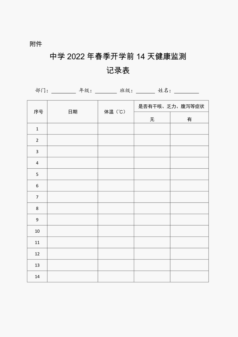 中学2022年春季开学前14天健康监测记录表_第1页