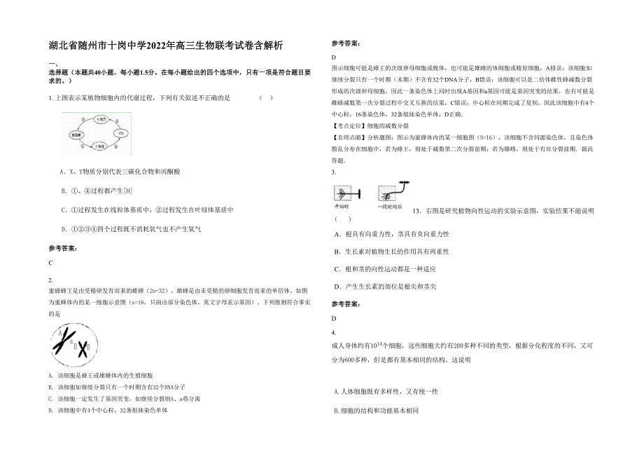 湖北省随州市十岗中学2022年高三生物联考试卷含解析_第1页