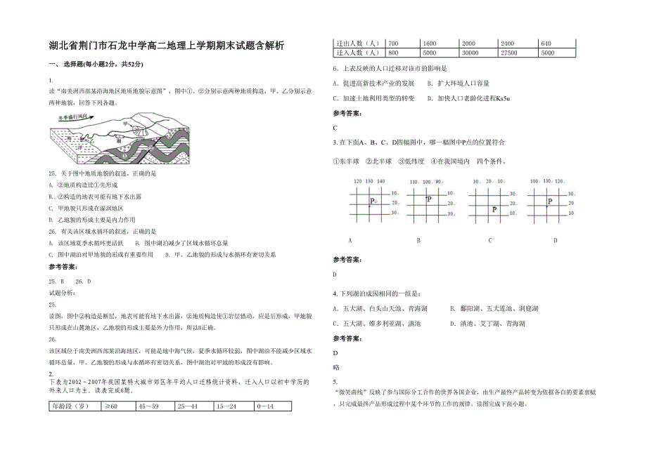 湖北省荆门市石龙中学高二地理上学期期末试题含解析_第1页