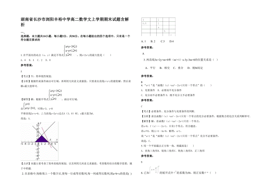 湖南省长沙市浏阳丰裕中学高二数学文上学期期末试题含解析_第1页