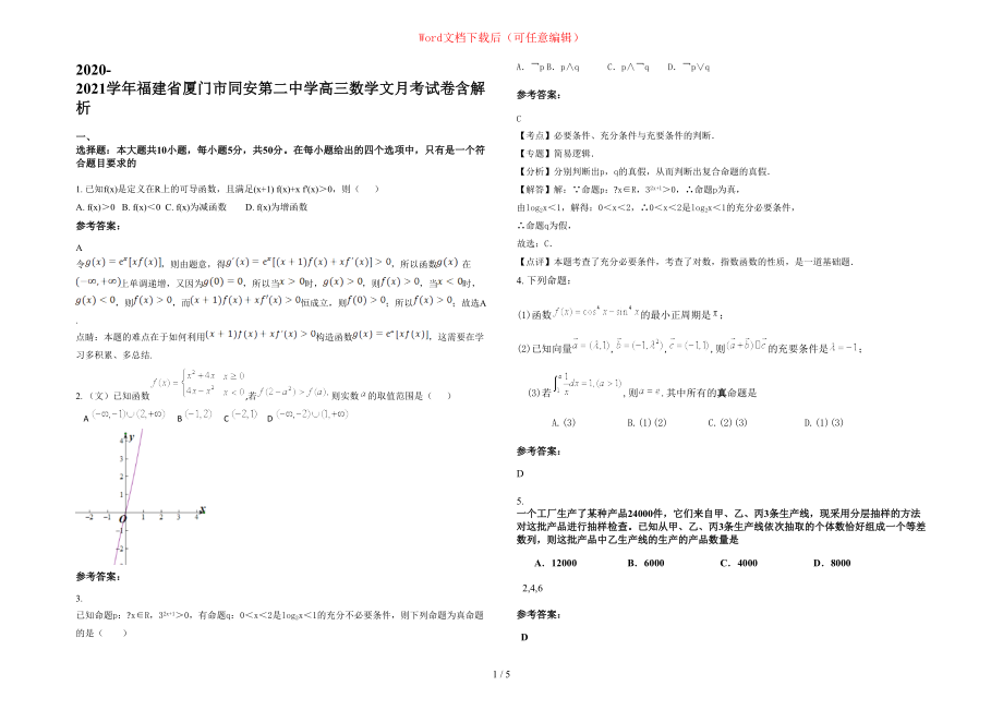 2020-2021学年福建省厦门市同安第二中学高三数学文月考试卷含部分解析_第1页