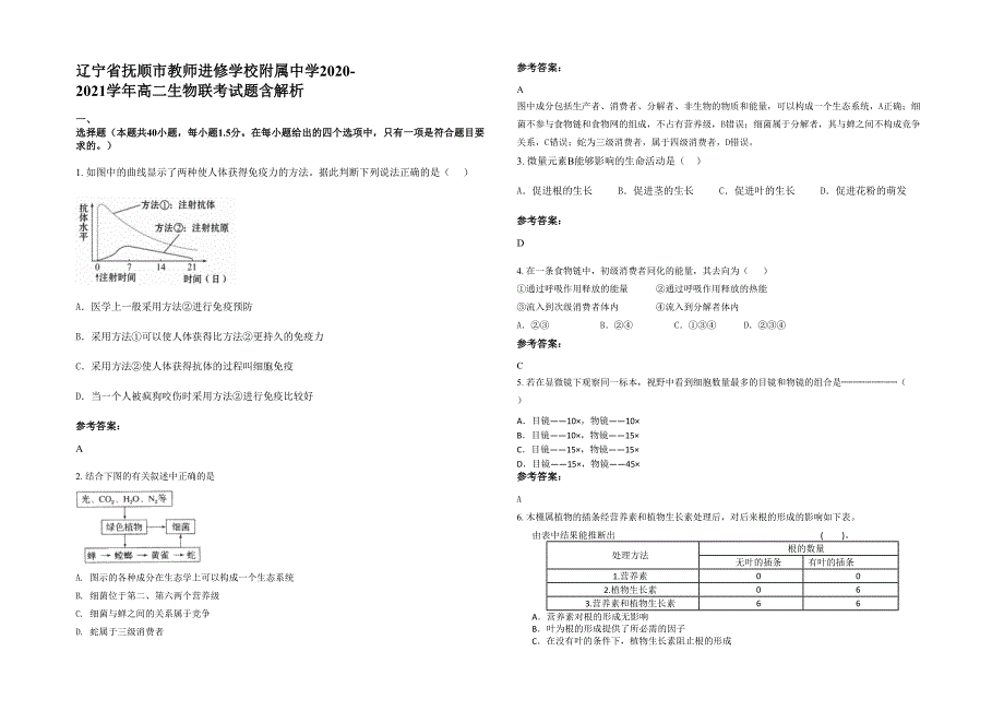 辽宁省抚顺市教师进修学校附属中学2020-2021学年高二生物联考试题含解析_第1页