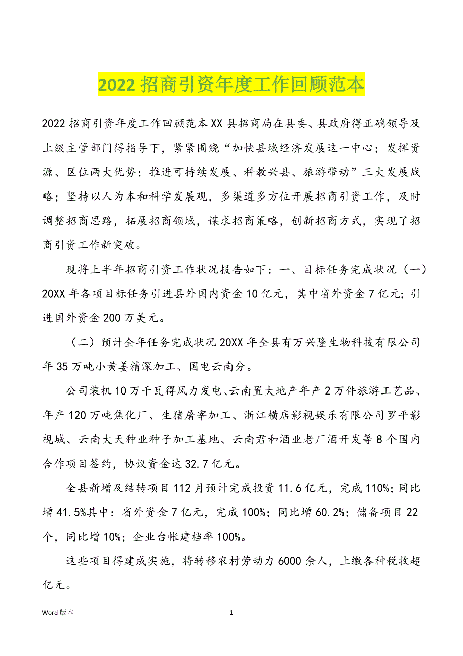 2022招商引资年度工作回顾范本_第1页