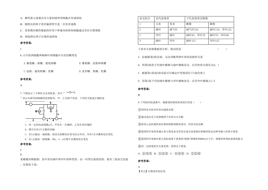 辽宁省朝阳市羊山高级中学高二生物上学期期末试题含解析_第2页