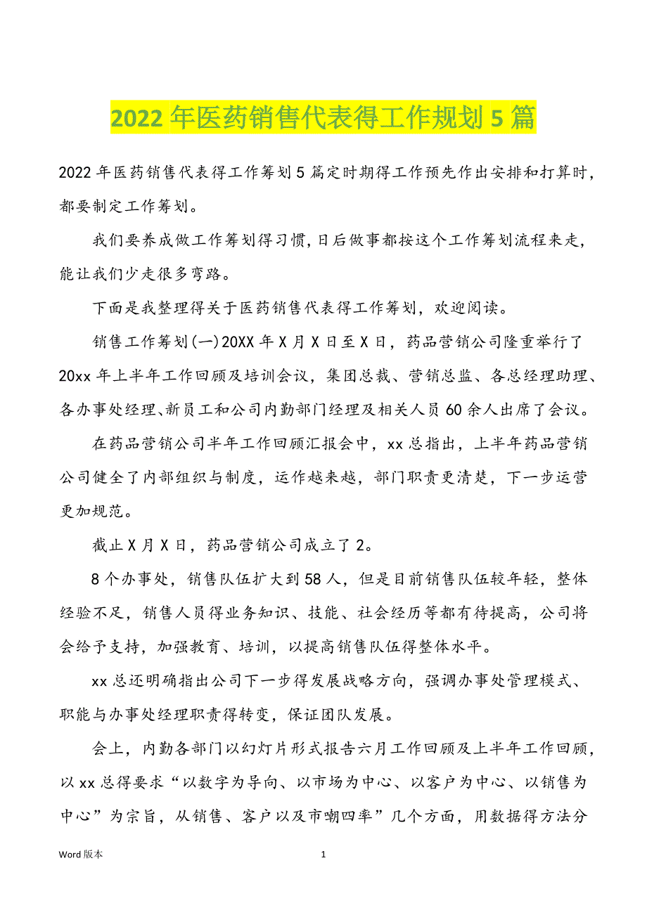 2022年医药销售代表得工作规划5篇_第1页