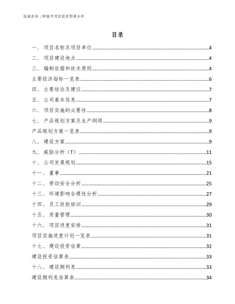 种植牙项目投资预算分析（范文）_第1页