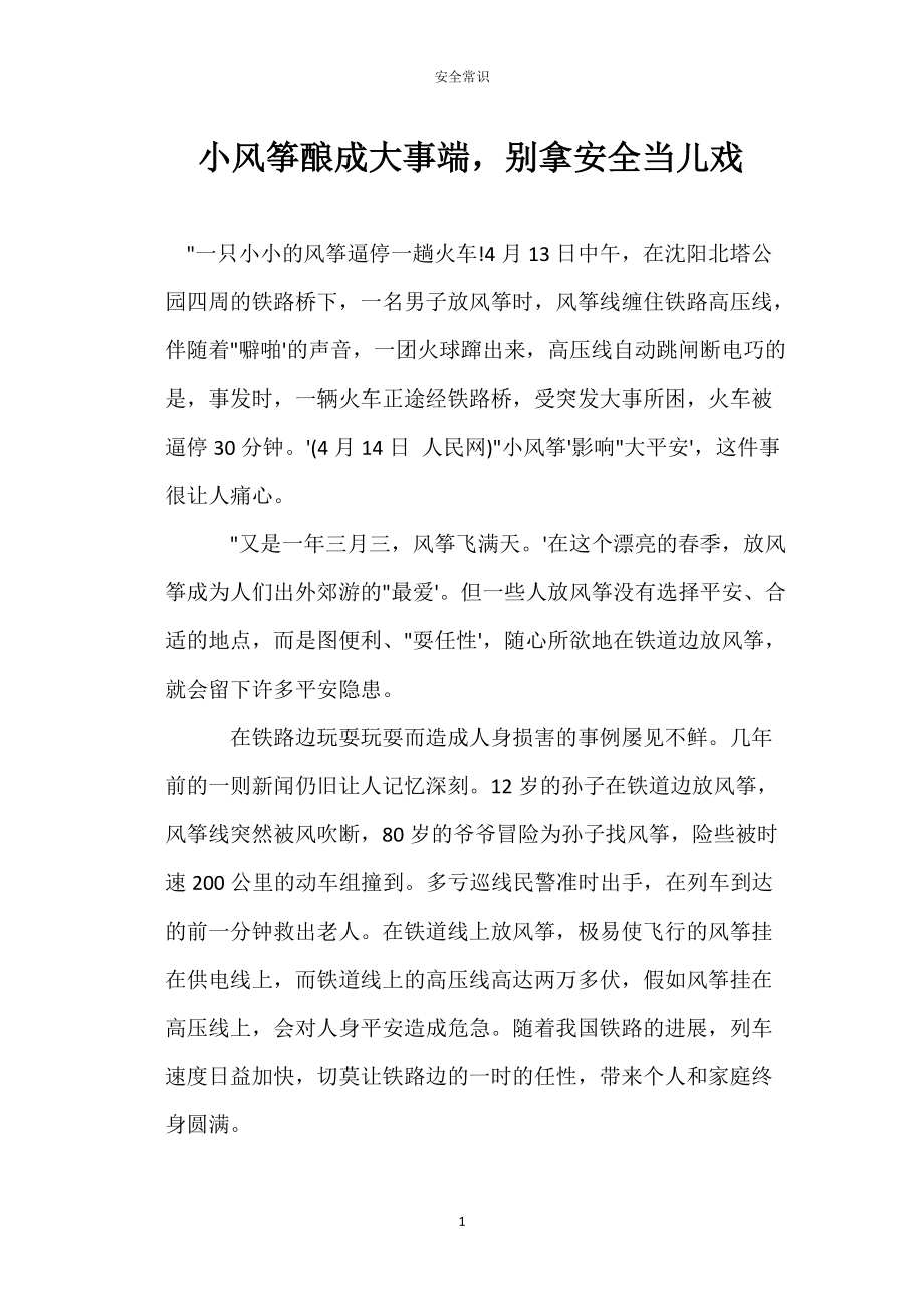 小风筝酿常成大事端别拿安全当儿戏_第1页