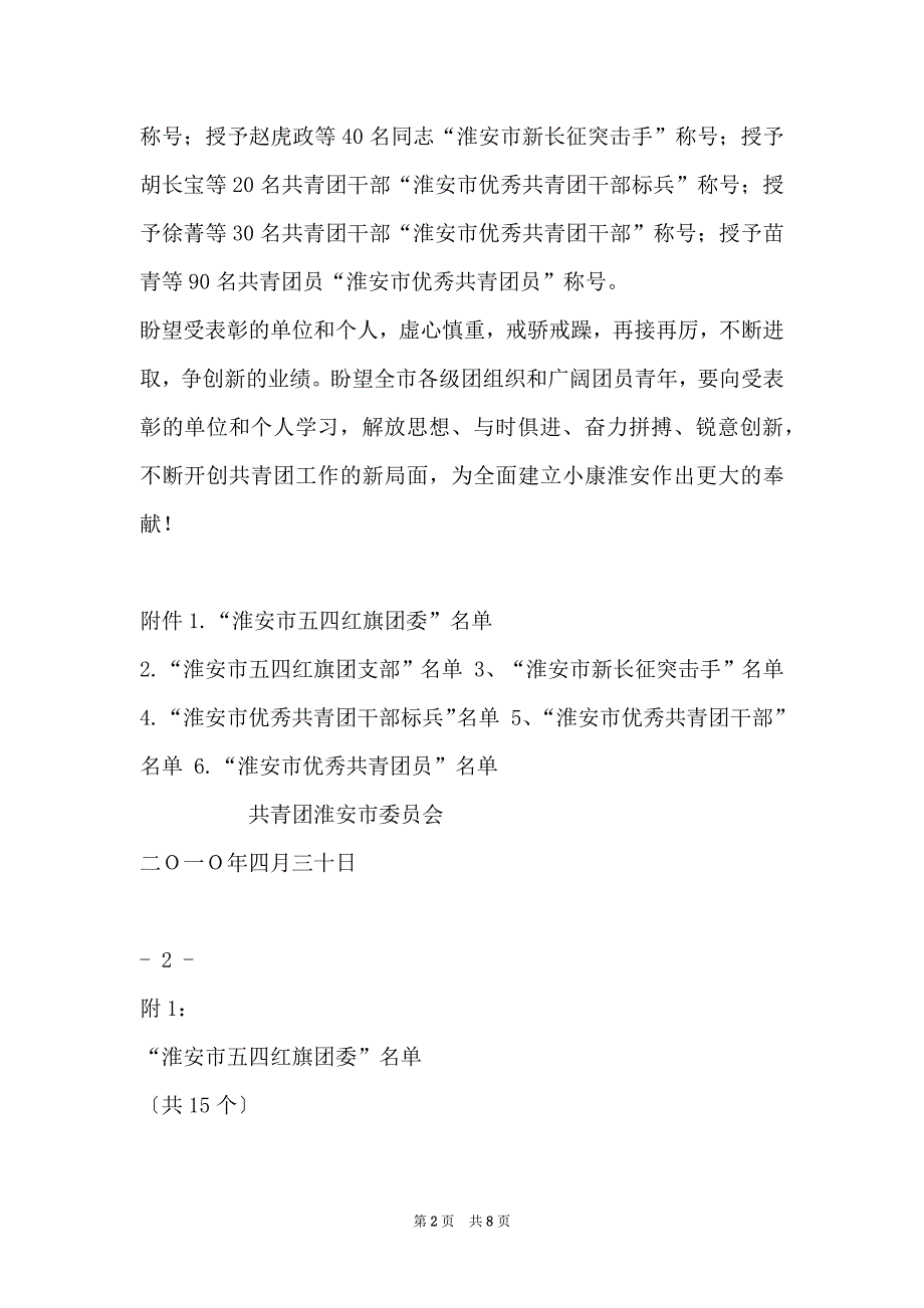 15 关于表彰“淮安市五四红旗团委”、“淮安市五四红旗团支部”、“淮安市新长征突击手”、淮安市优秀共_第2页