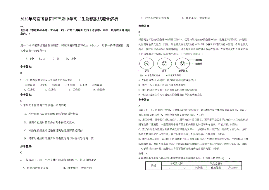 2020年河南省洛阳市平乐中学高二生物模拟试题含解析_第1页