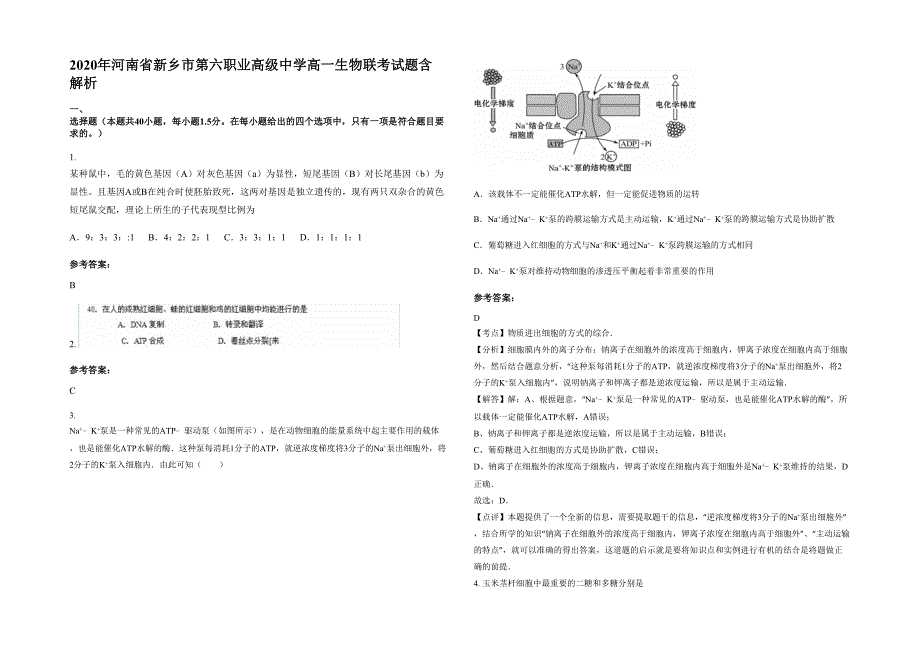 2020年河南省新乡市第六职业高级中学高一生物联考试题含解析_第1页