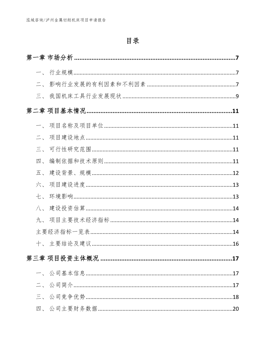 泸州金属切削机床项目申请报告_模板范本_第1页