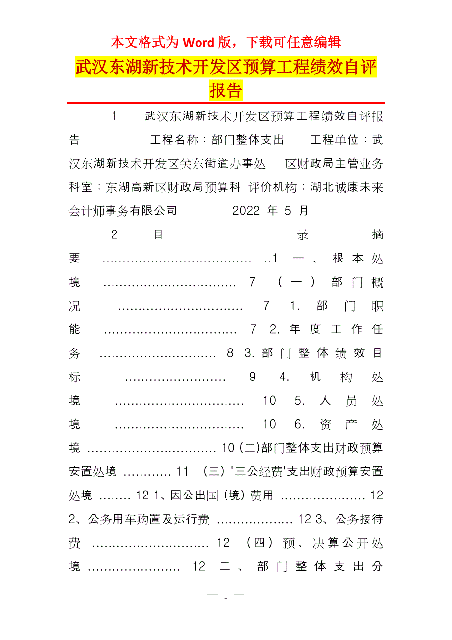 武汉东湖新技术开发区预算工程绩效自评报告_第1页