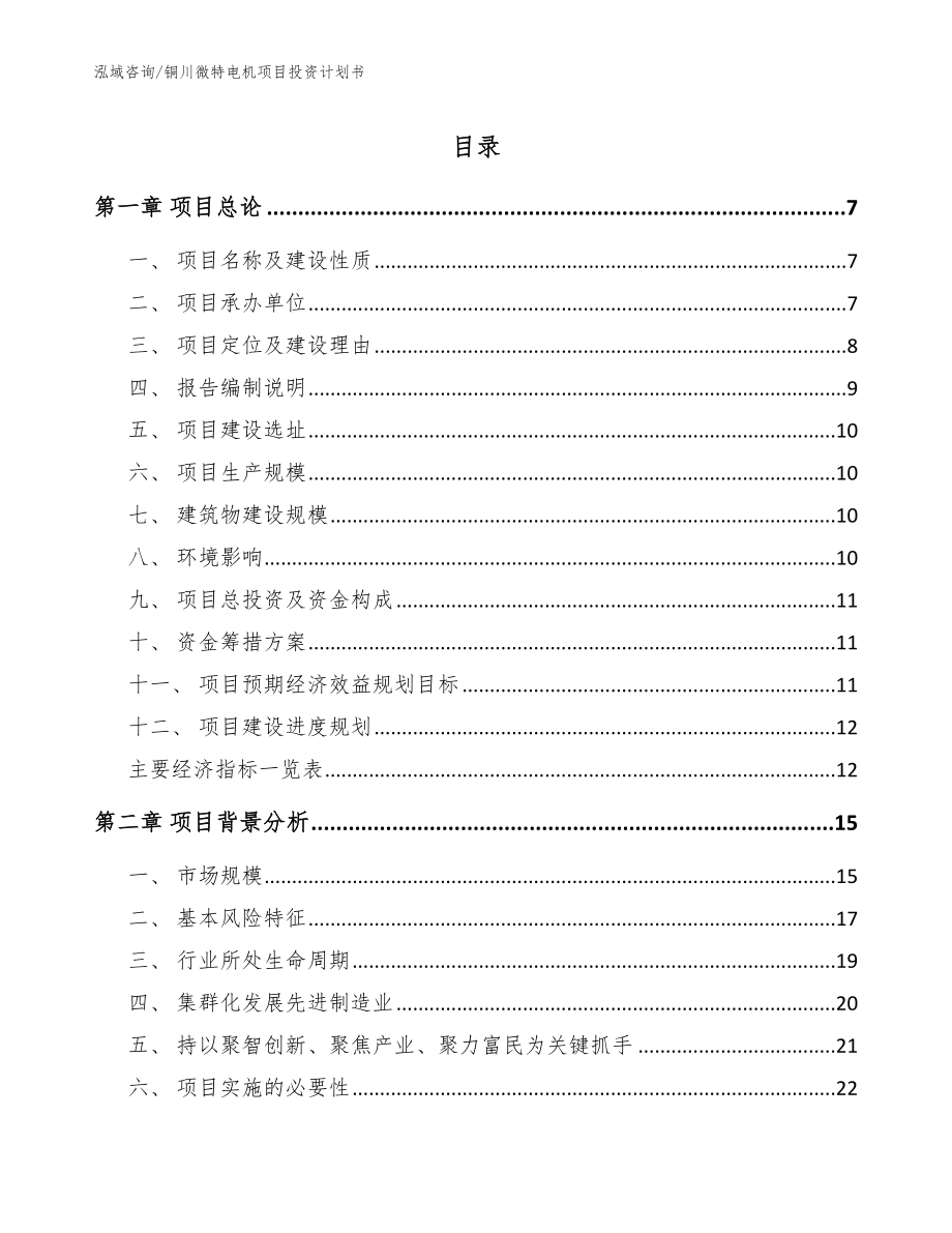 铜川微特电机项目投资计划书_范文模板_第1页