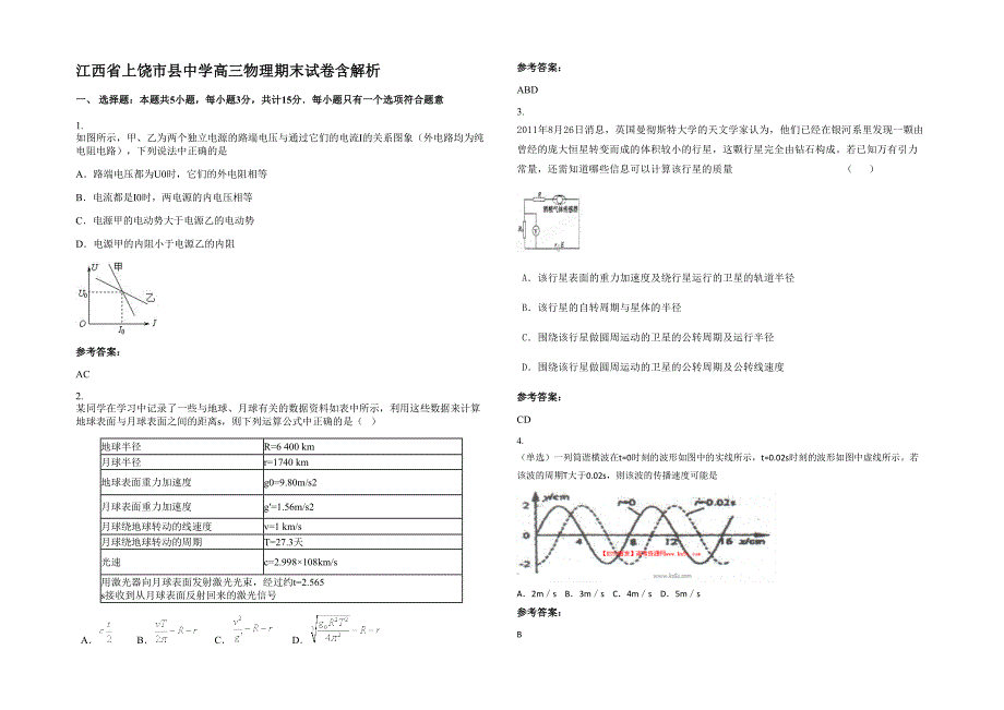 江西省上饶市县中学高三物理期末试卷含解析_第1页