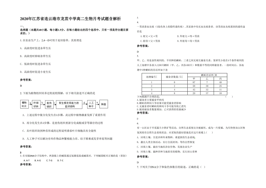 2020年江苏省连云港市龙苴中学高二生物月考试题含解析_第1页