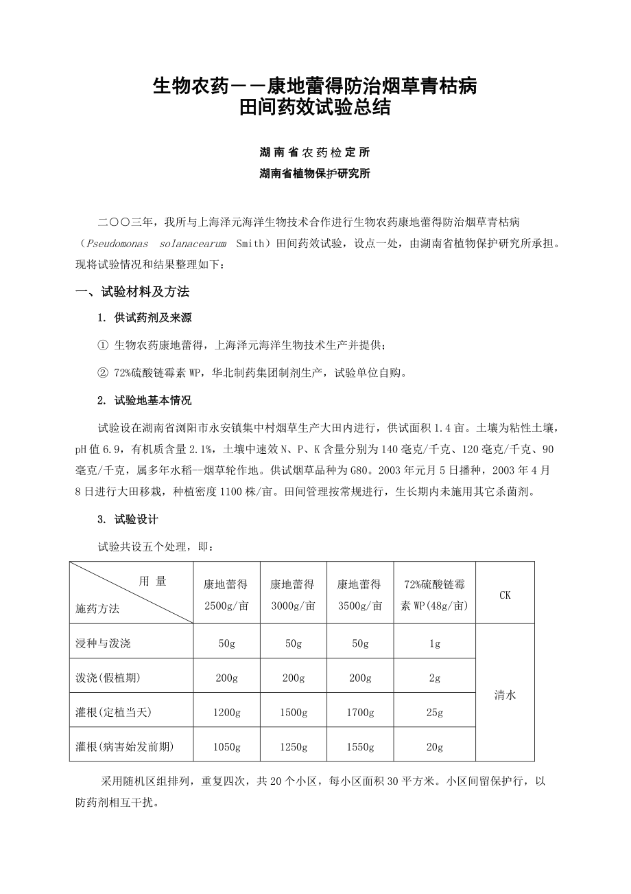 生物农药—康地蕾得防治烟草青枯病田间药效试验报告(1)_第1页