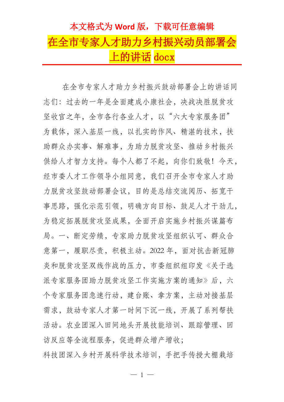 在全市专家人才助力乡村振兴动员部署会上的讲话docx_第1页