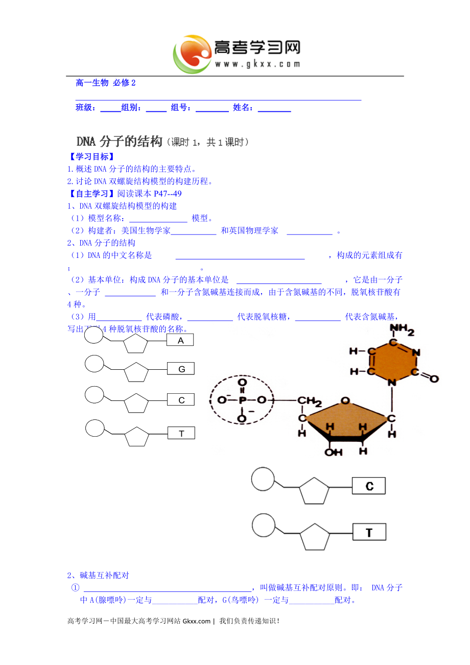 2014-2015学年湖南省高一生物学案：第三章《DNA分子的结构》(人教版必修二)_第1页