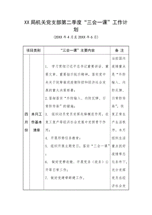 XX局机关党支部第二季度“三会一课”工作计划（表格版）