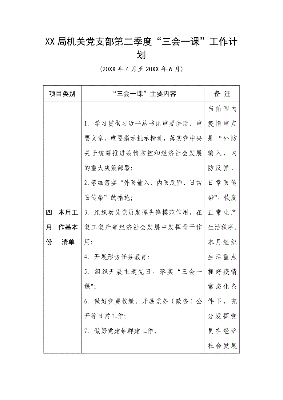 XX局机关党支部第二季度“三会一课”工作计划（表格版）_第1页