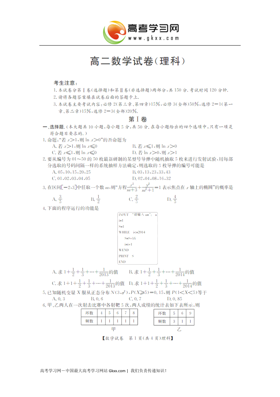 湖北省普通高中2014-2015学年高二上学期期末联考数学（理）试卷（扫描版）_第1页