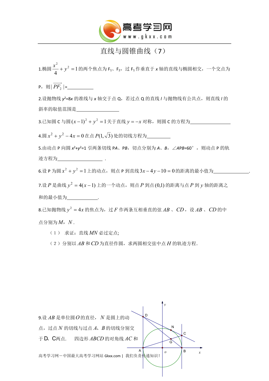 江苏省2015届高三数学专题练习：《直线与圆锥曲线》7_第1页